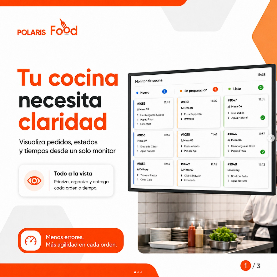 Material oficial de Polaris Food con el monitor de cocina y pedidos.