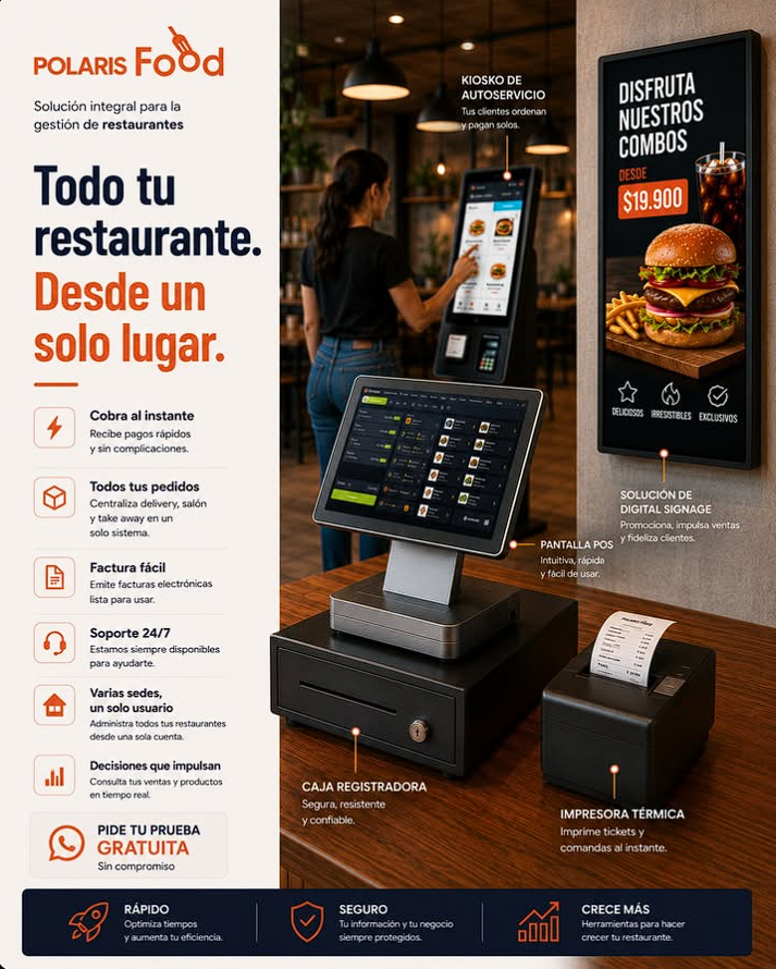 Material oficial de Polaris Food que muestra un kiosko de autoservicio y un punto de venta en un establecimiento.